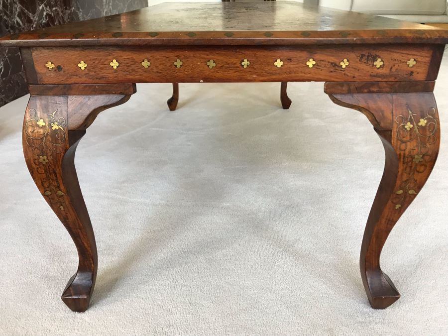 Detailed Moroccan Brass Inlay Wooden Coffee Table 42' X 19' [Photo 12]