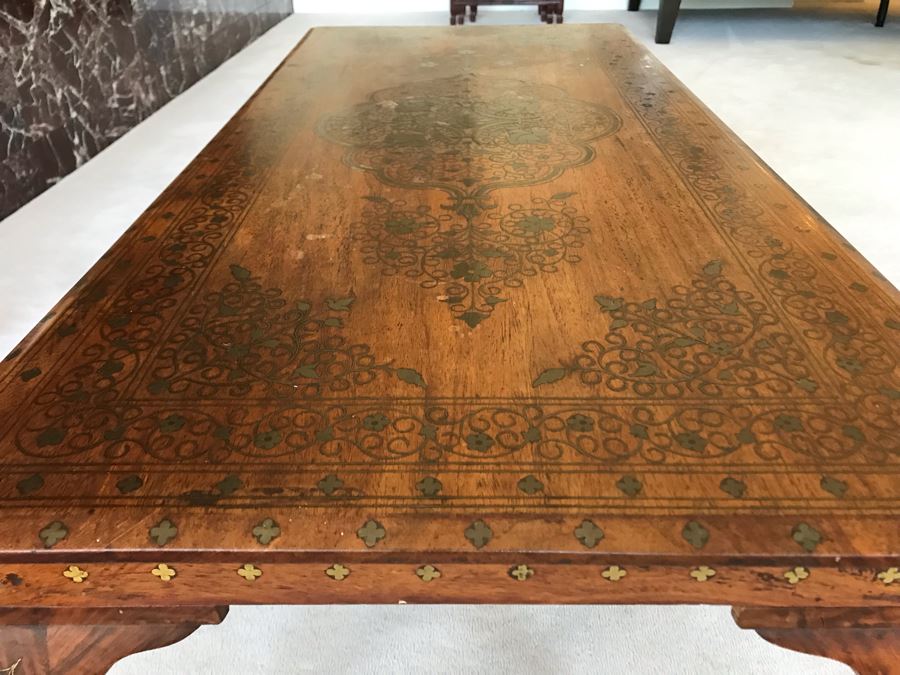 Detailed Moroccan Brass Inlay Wooden Coffee Table 42' X 19' [Photo 13]