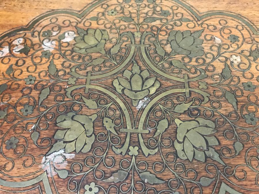 Detailed Moroccan Brass Inlay Wooden Coffee Table 42' X 19' [Photo 6]