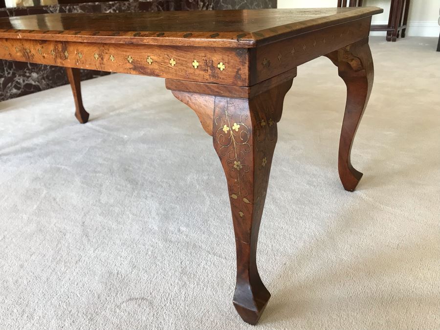 Detailed Moroccan Brass Inlay Wooden Coffee Table 42' X 19' [Photo 8]