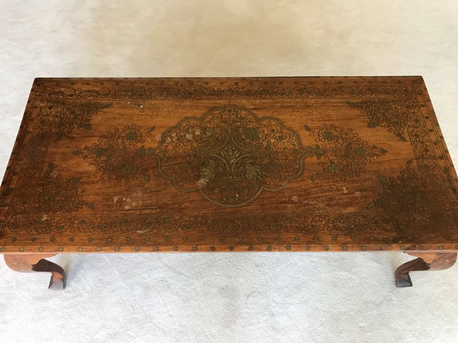 Detailed Moroccan Brass Inlay Wooden Coffee Table 42' X 19' [Photo 4]
