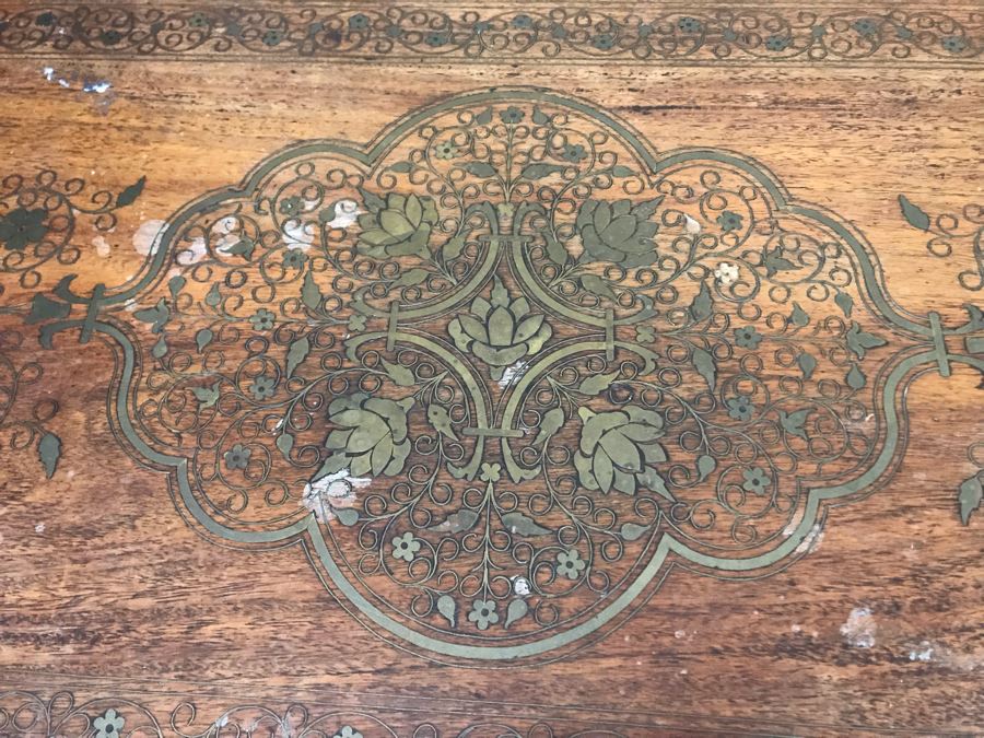 Detailed Moroccan Brass Inlay Wooden Coffee Table 42' X 19' [Photo 5]