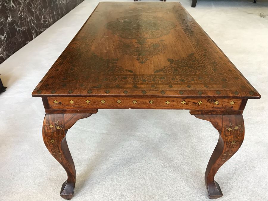 Detailed Moroccan Brass Inlay Wooden Coffee Table 42' X 19' [Photo 14]