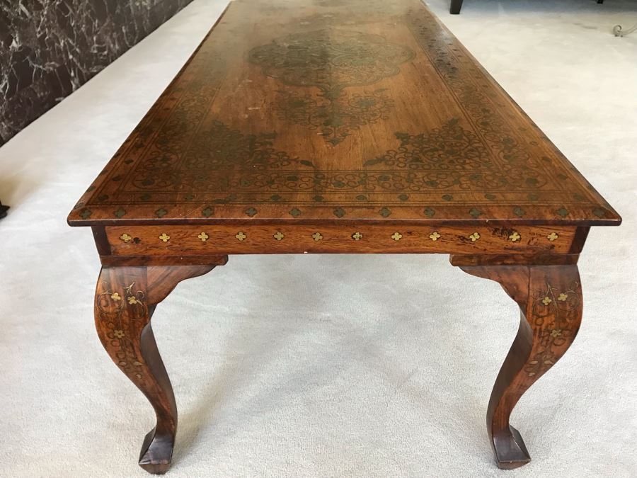 Detailed Moroccan Brass Inlay Wooden Coffee Table 42' X 19' [Photo 11]
