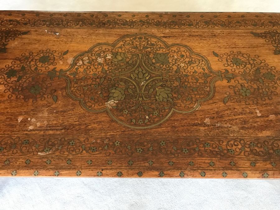 Detailed Moroccan Brass Inlay Wooden Coffee Table 42' X 19' [Photo 3]