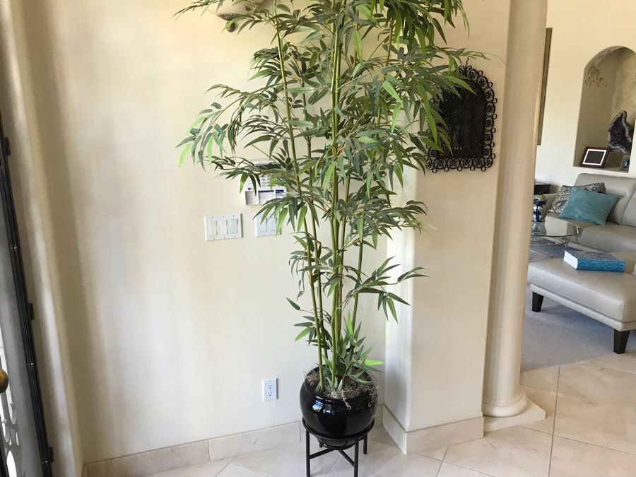 Large Faux Bamboo Plant With Pot And Stand
