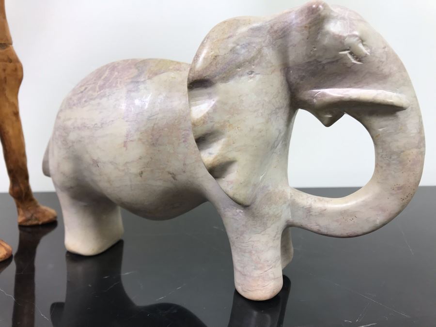 Vintage Leather Wrapped Camel Figurine 15'H And Carved White Stone Elephant 6'H [Photo 7]