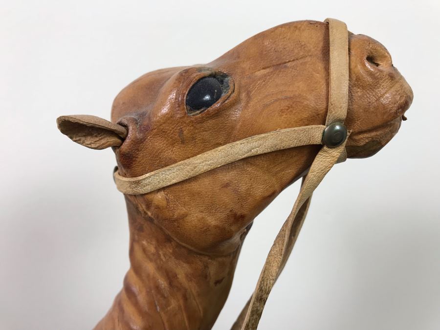 Vintage Leather Wrapped Camel Figurine 15'H And Carved White Stone Elephant 6'H [Photo 3]