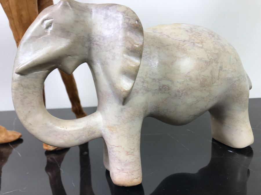 Vintage Leather Wrapped Camel Figurine 15'H And Carved White Stone Elephant 6'H [Photo 6]