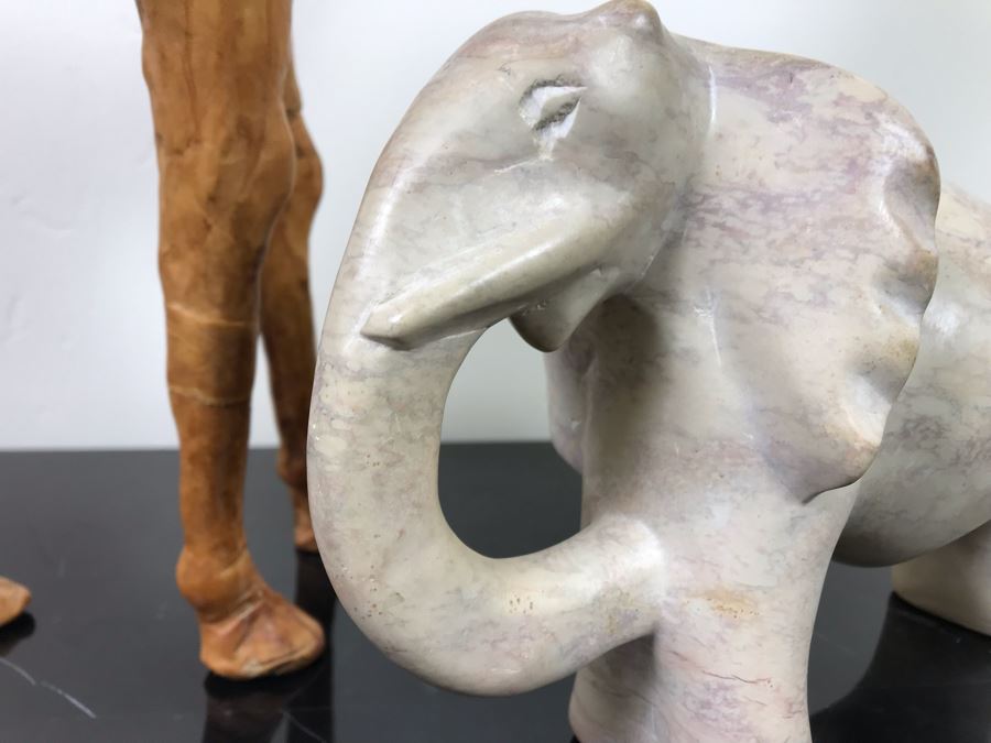 Vintage Leather Wrapped Camel Figurine 15'H And Carved White Stone Elephant 6'H [Photo 5]
