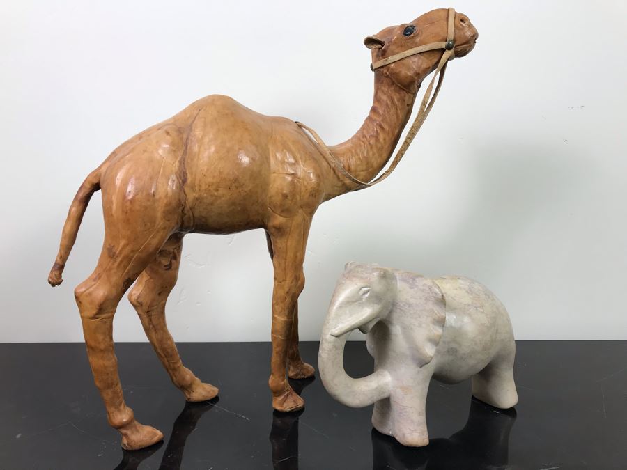 Vintage Leather Wrapped Camel Figurine 15'H And Carved White Stone Elephant 6'H [Photo 1]