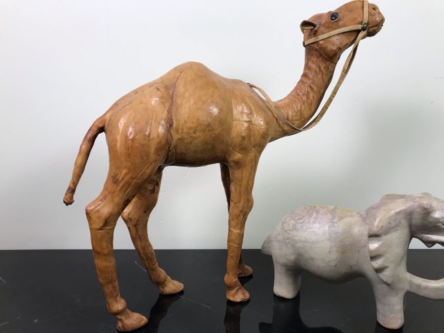 Vintage Leather Wrapped Camel Figurine 15'H And Carved White Stone Elephant 6'H [Photo 8]