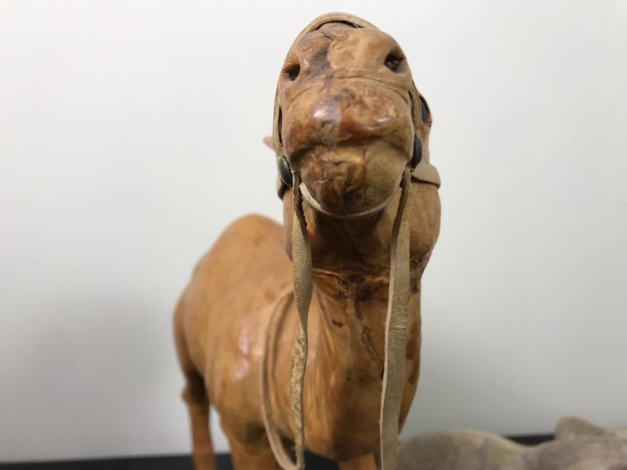 Vintage Leather Wrapped Camel Figurine 15'H And Carved White Stone Elephant 6'H [Photo 9]