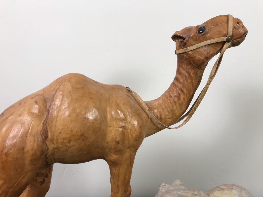 Vintage Leather Wrapped Camel Figurine 15'H And Carved White Stone Elephant 6'H [Photo 2]