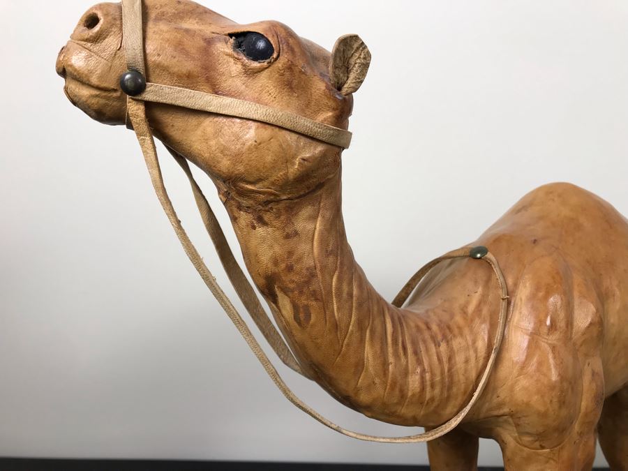 Vintage Leather Wrapped Camel Figurine 15'H And Carved White Stone Elephant 6'H [Photo 11]