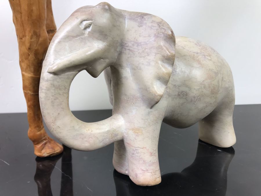 Vintage Leather Wrapped Camel Figurine 15'H And Carved White Stone Elephant 6'H [Photo 4]