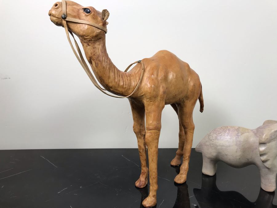 Vintage Leather Wrapped Camel Figurine 15'H And Carved White Stone Elephant 6'H [Photo 10]