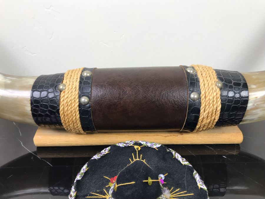Large Mounted Bulls Horns 26”W (Client Owned Cattle Ranch) And Decorative Miniature Sombrero Hat [Photo 2]