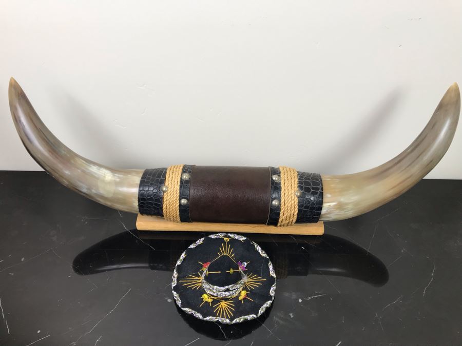 Large Mounted Bulls Horns 26”W (Client Owned Cattle Ranch) And Decorative Miniature Sombrero Hat [Photo 11]