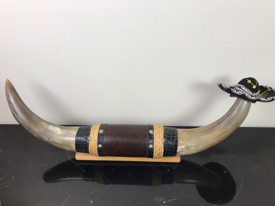 Large Mounted Bulls Horns 26”W (Client Owned Cattle Ranch) And Decorative Miniature Sombrero Hat [Photo 12]