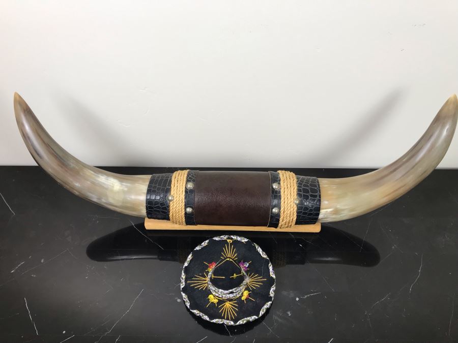 Large Mounted Bulls Horns 26”W (Client Owned Cattle Ranch) And Decorative Miniature Sombrero Hat [Photo 10]