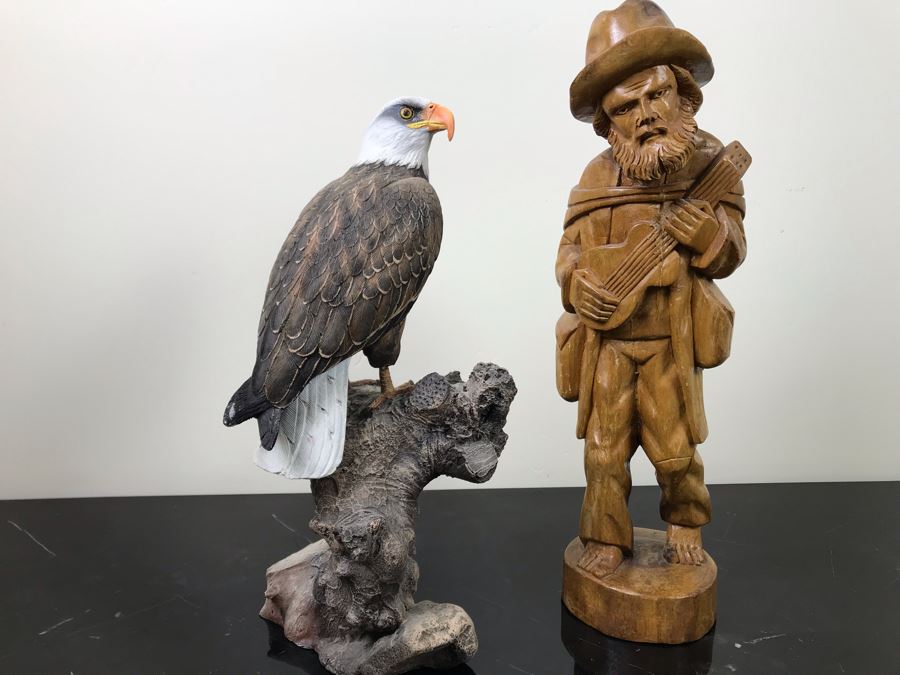Carved Wooden Sculputre Of Man Holding Guitar 15.5'H And Bald Eagle Composite Sculpture 14'H [Photo 9]