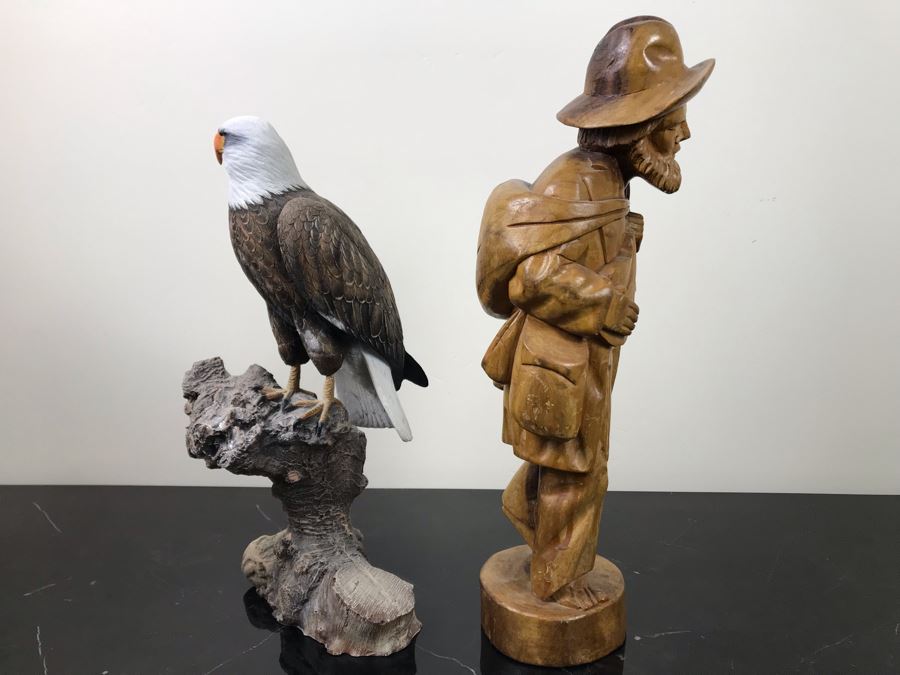Carved Wooden Sculputre Of Man Holding Guitar 15.5'H And Bald Eagle Composite Sculpture 14'H [Photo 13]