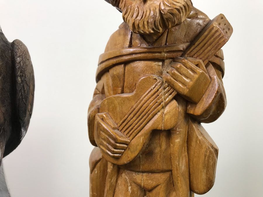 Carved Wooden Sculputre Of Man Holding Guitar 15.5'H And Bald Eagle Composite Sculpture 14'H [Photo 4]