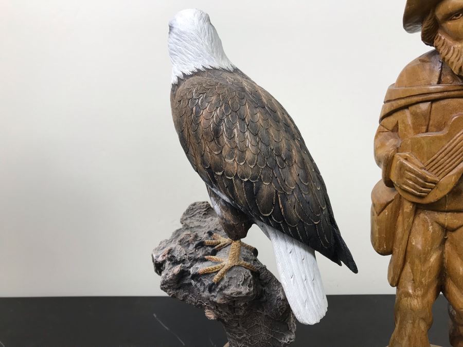 Carved Wooden Sculputre Of Man Holding Guitar 15.5'H And Bald Eagle Composite Sculpture 14'H [Photo 11]