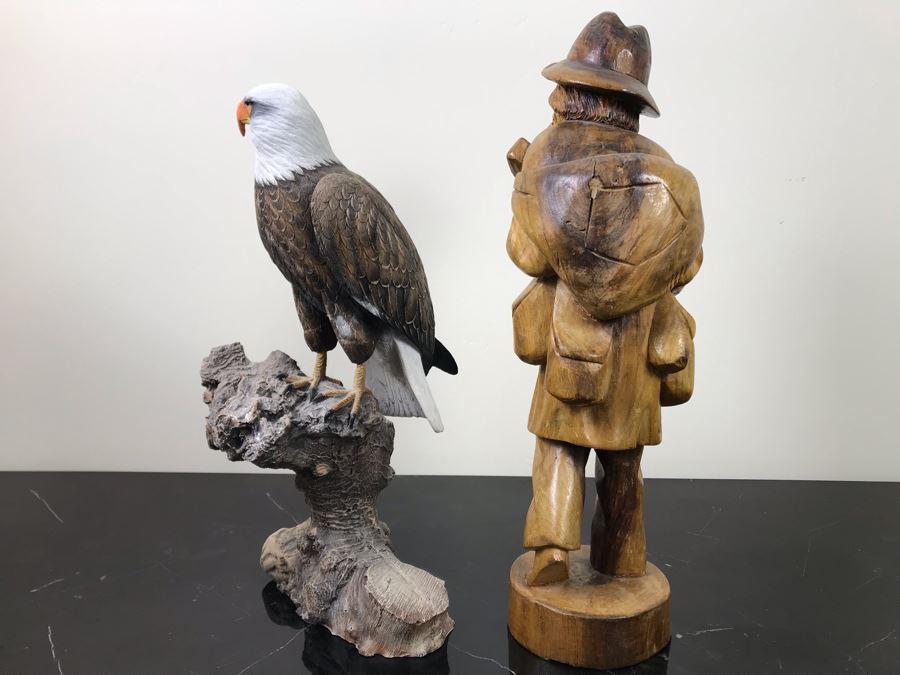 Carved Wooden Sculputre Of Man Holding Guitar 15.5'H And Bald Eagle Composite Sculpture 14'H [Photo 14]