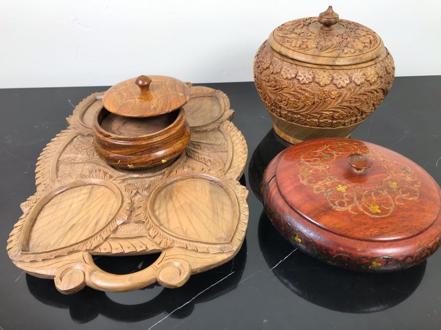 Pair Of Carved Inlay Wooden Trinket Boxes, Carved Floral Motif Wooden Box And Carved Wooden Divided Tray [Photo 2]