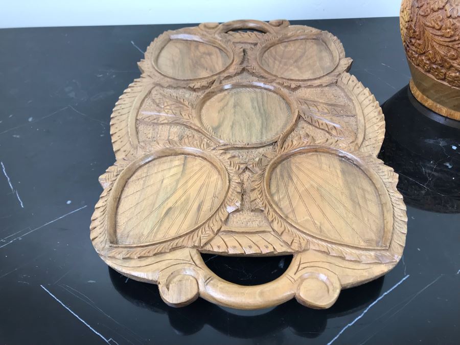 Pair Of Carved Inlay Wooden Trinket Boxes, Carved Floral Motif Wooden Box And Carved Wooden Divided Tray [Photo 19]