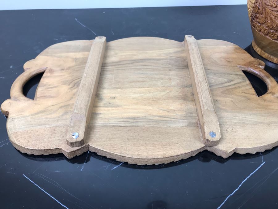 Pair Of Carved Inlay Wooden Trinket Boxes, Carved Floral Motif Wooden Box And Carved Wooden Divided Tray [Photo 20]