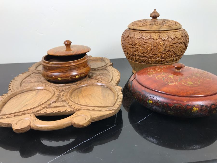 Pair Of Carved Inlay Wooden Trinket Boxes, Carved Floral Motif Wooden Box And Carved Wooden Divided Tray [Photo 3]