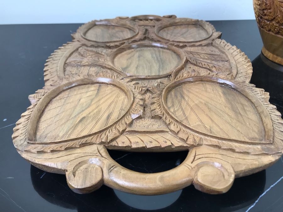 Pair Of Carved Inlay Wooden Trinket Boxes, Carved Floral Motif Wooden Box And Carved Wooden Divided Tray [Photo 18]