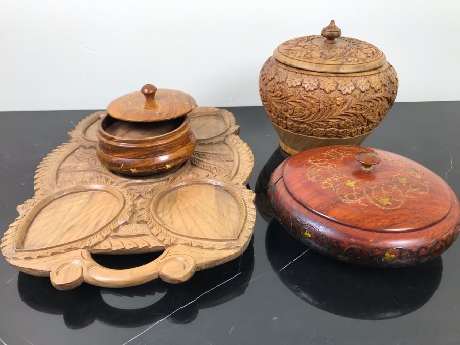 Pair Of Carved Inlay Wooden Trinket Boxes, Carved Floral Motif Wooden Box And Carved Wooden Divided Tray [Photo 1]
