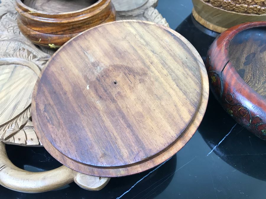 Pair Of Carved Inlay Wooden Trinket Boxes, Carved Floral Motif Wooden Box And Carved Wooden Divided Tray [Photo 7]
