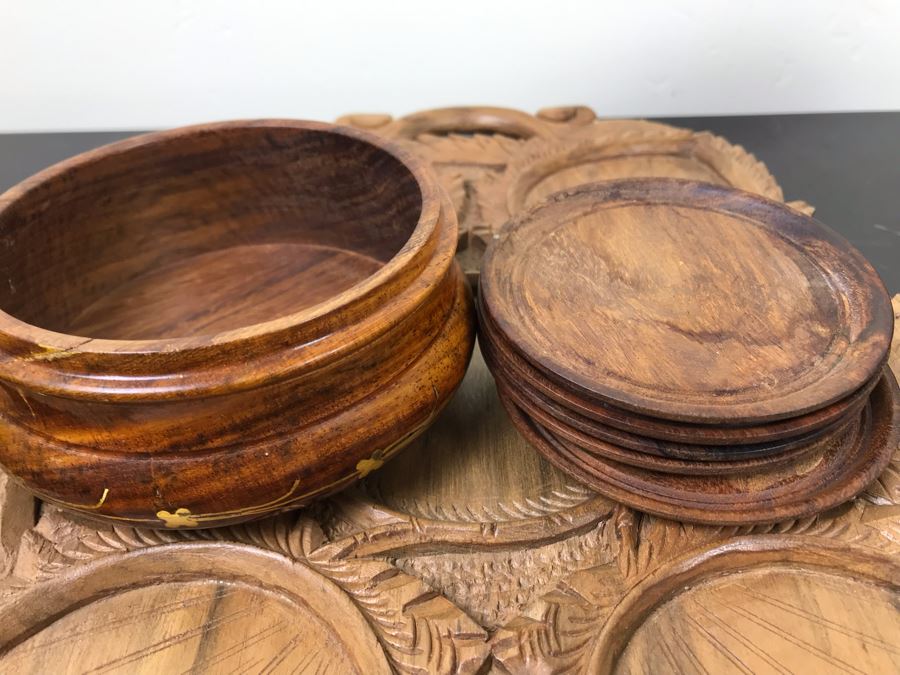 Pair Of Carved Inlay Wooden Trinket Boxes, Carved Floral Motif Wooden Box And Carved Wooden Divided Tray [Photo 17]