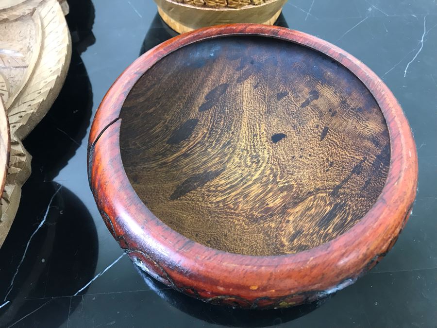 Pair Of Carved Inlay Wooden Trinket Boxes, Carved Floral Motif Wooden Box And Carved Wooden Divided Tray [Photo 6]
