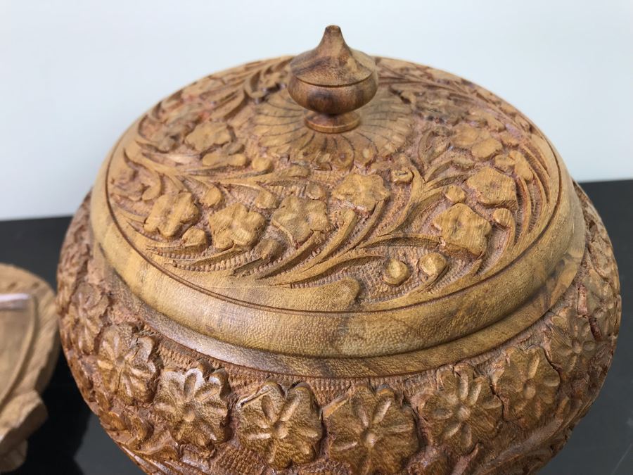 Pair Of Carved Inlay Wooden Trinket Boxes, Carved Floral Motif Wooden Box And Carved Wooden Divided Tray [Photo 10]