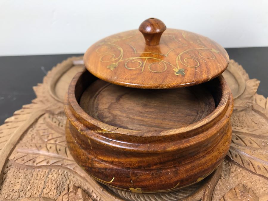 Pair Of Carved Inlay Wooden Trinket Boxes, Carved Floral Motif Wooden Box And Carved Wooden Divided Tray [Photo 15]