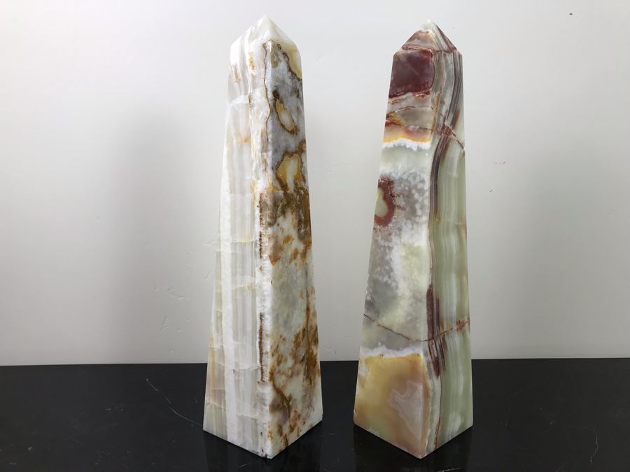 Pair Of Polished White Onyx Marble Obelisk Sculptures 18'H [Photo 1]