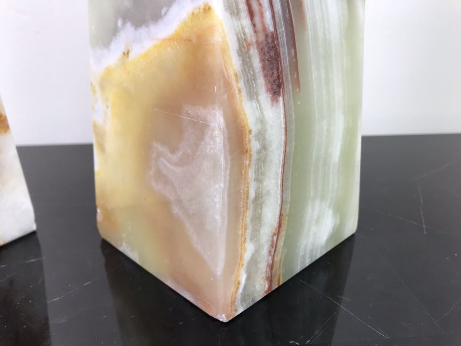 Pair Of Polished White Onyx Marble Obelisk Sculptures 18'H [Photo 5]