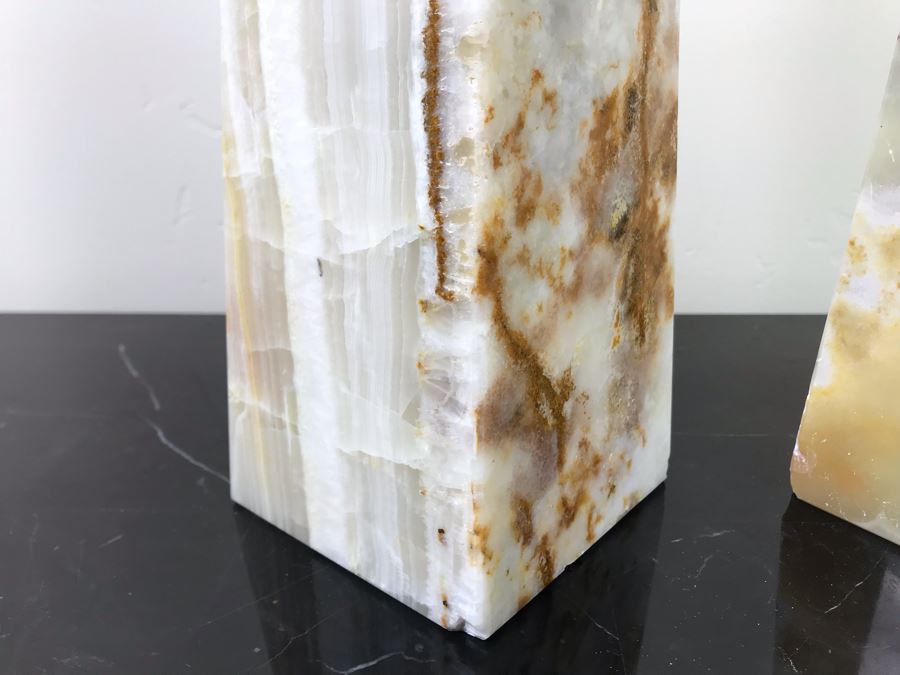 Pair Of Polished White Onyx Marble Obelisk Sculptures 18'H [Photo 6]