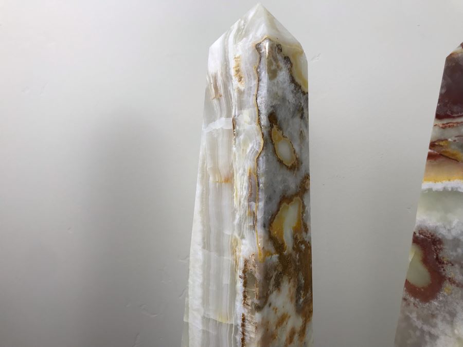 Pair Of Polished White Onyx Marble Obelisk Sculptures 18'H [Photo 7]