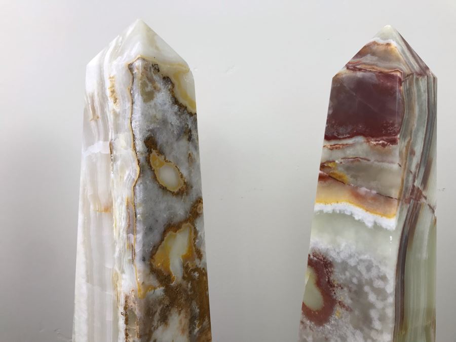 Pair Of Polished White Onyx Marble Obelisk Sculptures 18'H [Photo 3]