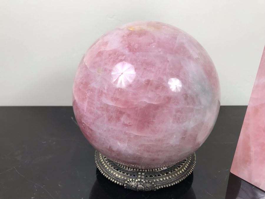Polished Pink Quartz Sphere 7'R With Ornate Silverplate Stand And Polished Pink Quartz Obelisk 13'H [Photo 3]