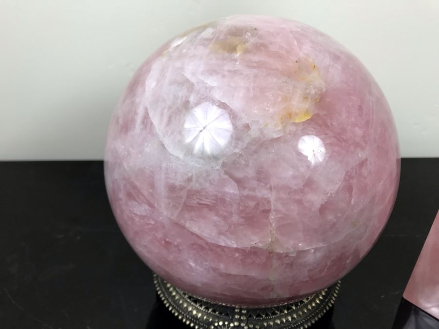 Polished Pink Quartz Sphere 7'R With Ornate Silverplate Stand And Polished Pink Quartz Obelisk 13'H [Photo 4]