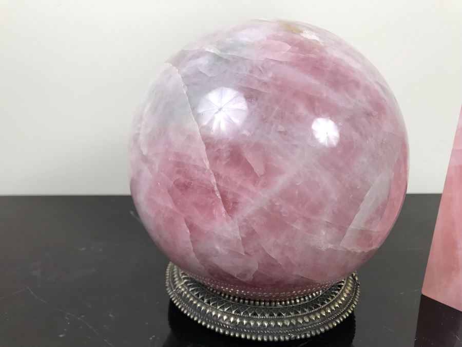 Polished Pink Quartz Sphere 7'R With Ornate Silverplate Stand And