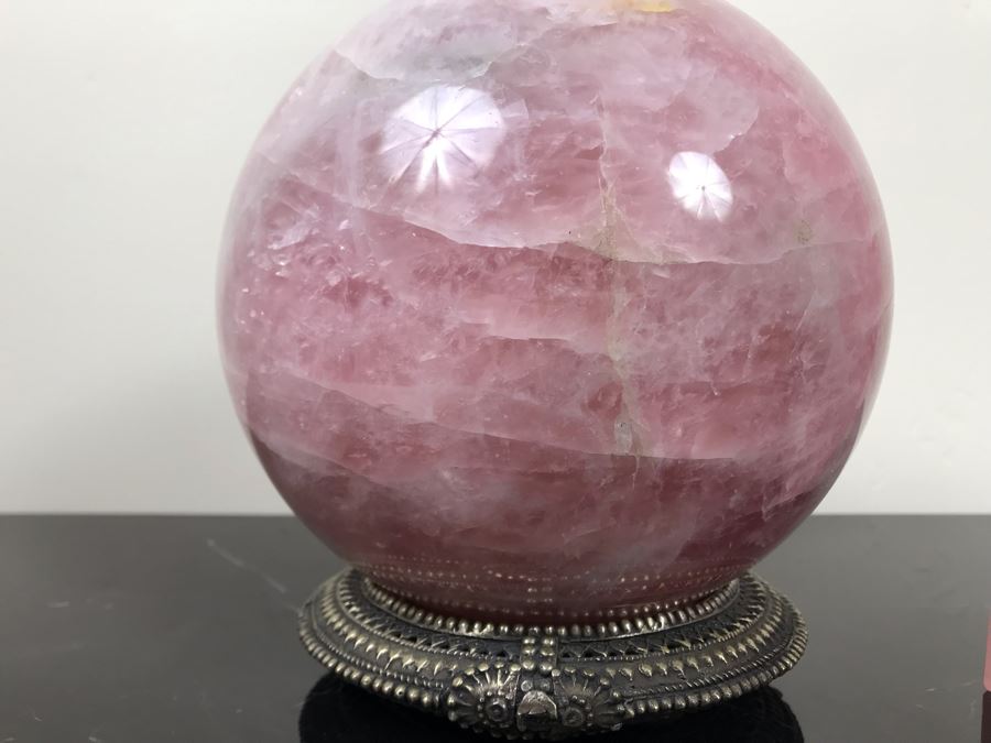Polished Pink Quartz Sphere 7'R With Ornate Silverplate Stand And Polished Pink Quartz Obelisk 13'H [Photo 5]